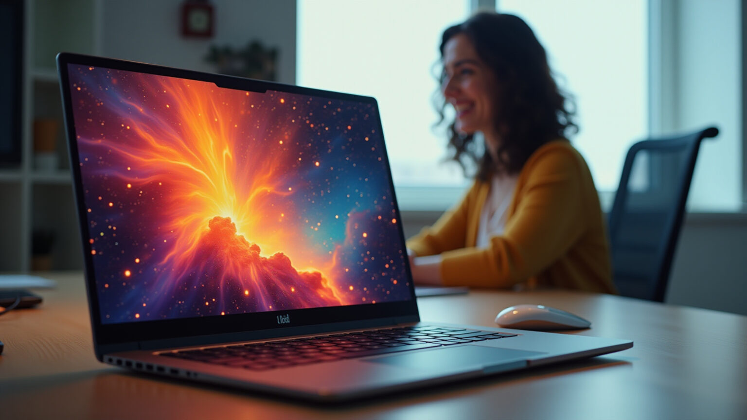 Notebook com tela OLED exibindo cores vibrantes.