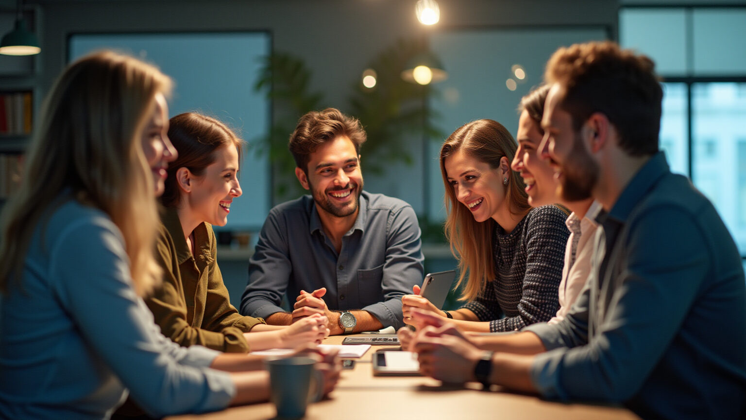 Equipe diversa otimizando conteúdo de IA para E-E-A-T em escritório vibrante.