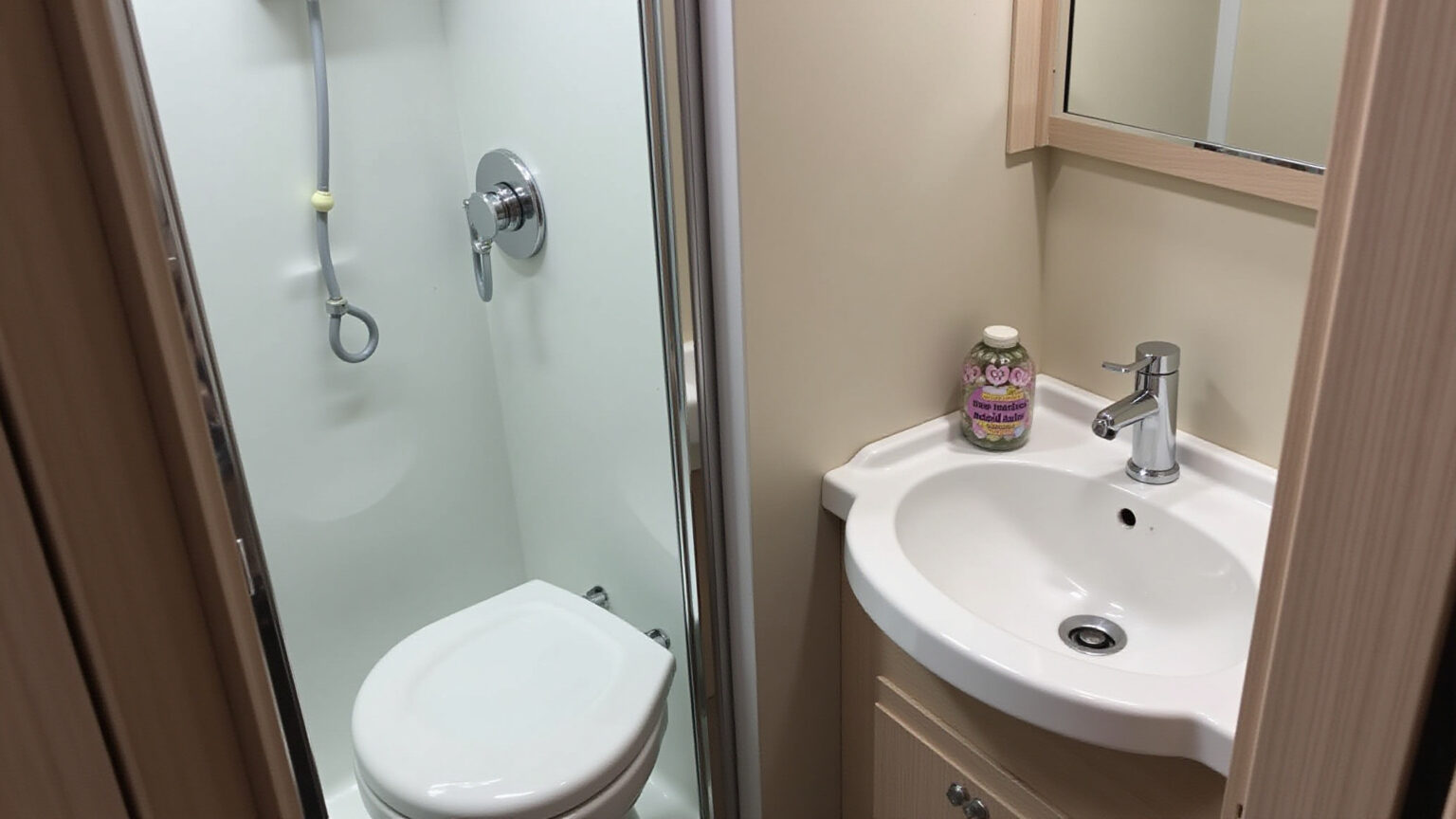 Vaso sanitário marítimo instalado em banheiro de motorhome moderno.