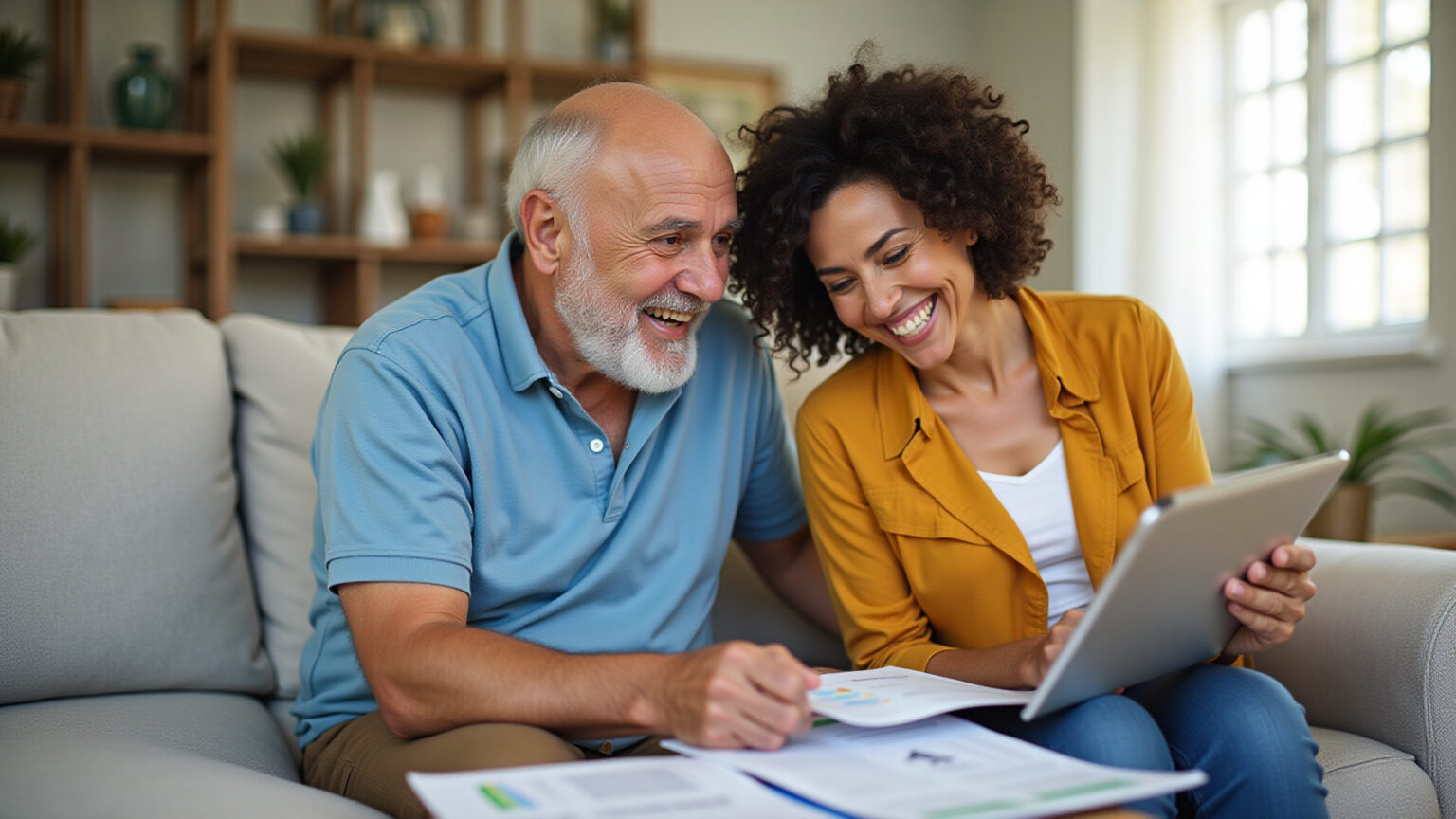 Casal de idosos sorrindo consultando planos de saúde em casa.