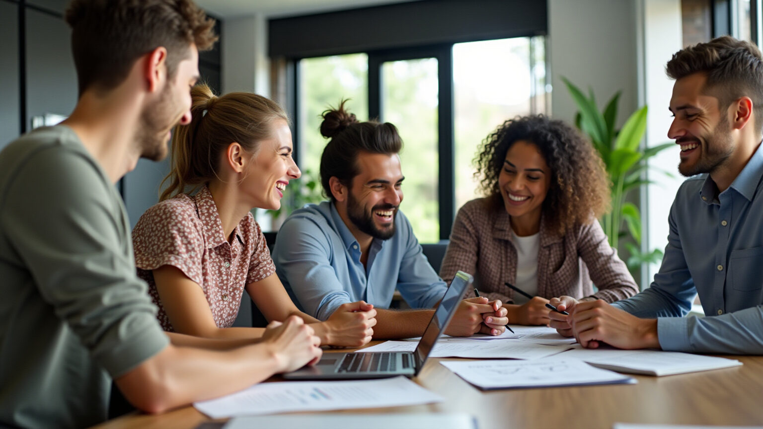 Equipe de marketing diversa colaborando em um escritório moderno e vibrante no Brasil.