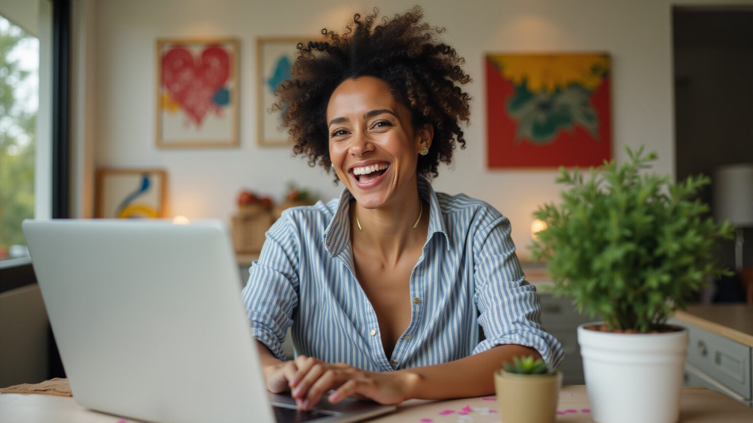 Mulher sorrindo gerenciando loja online em casa.