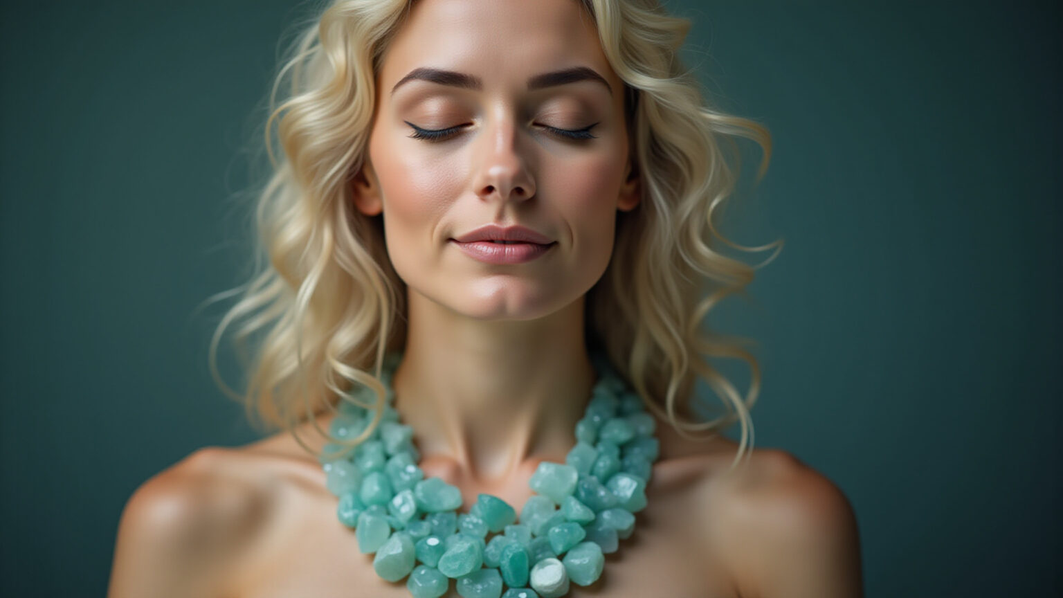 Mulher meditando com colar de água-marinha.