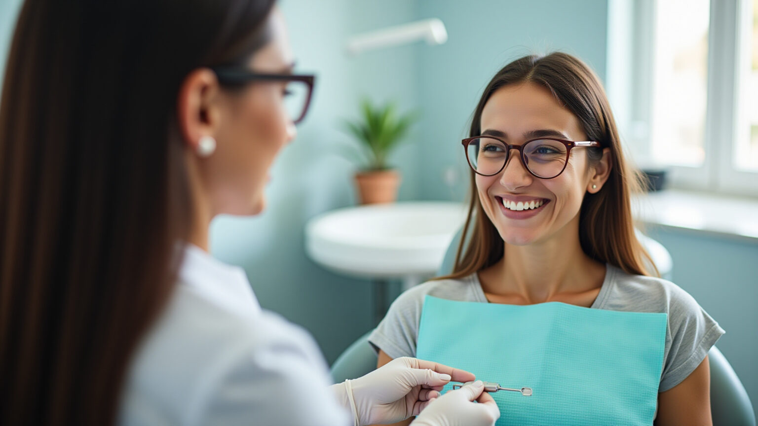 Mulher sorrindo recebendo instruções de higiene bucal em clínica odontológica.