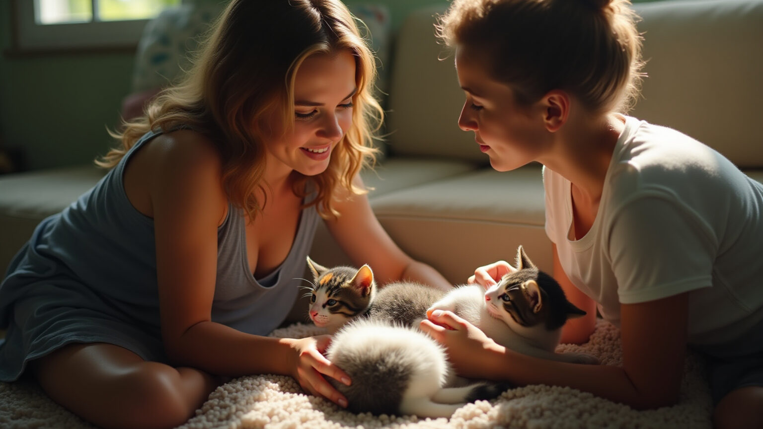 Mulher auxiliando gata no parto em ambiente acolhedor.