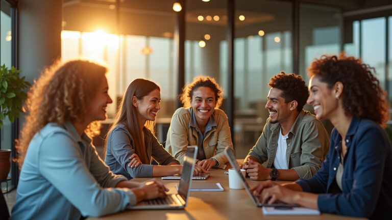Empreendedores brasileiros sorrindo e colaborando em um espaço moderno, simbolizando sucesso financeiro com paixão.