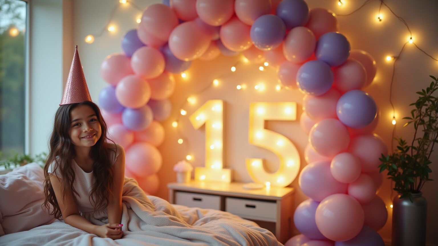 Decoração vibrante de festa de 15 anos em casa com balões rose gold e luzes.