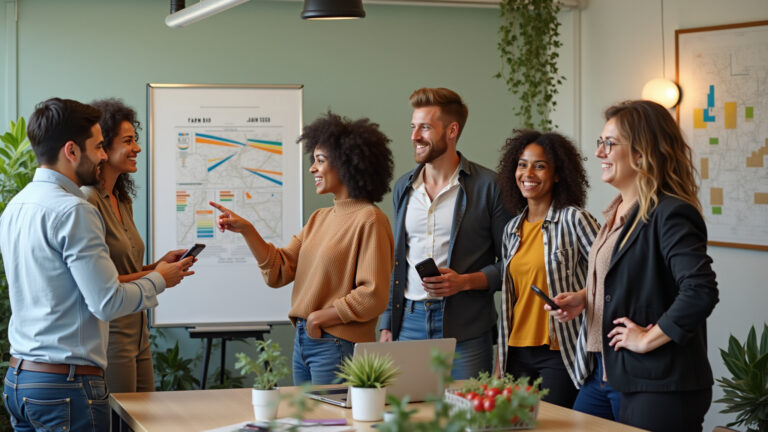 Empreendedores brasileiros colaborando em escritório organizado com decoração vibrante.