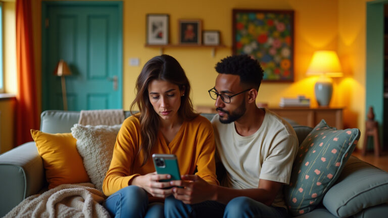 Uso excessivo de celular aumenta conflitos entre casais Casal brasileiro em sala decorada com estilo vibrante, um olhando o celular, o outro com expressão de ausência.