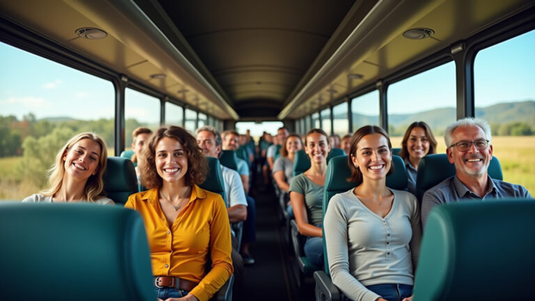 Por que o brasileiro ainda prefere ônibus para longas distâncias? Brasileiros de diversas idades e etnias viajando confortavelmente em um ônibus moderno.