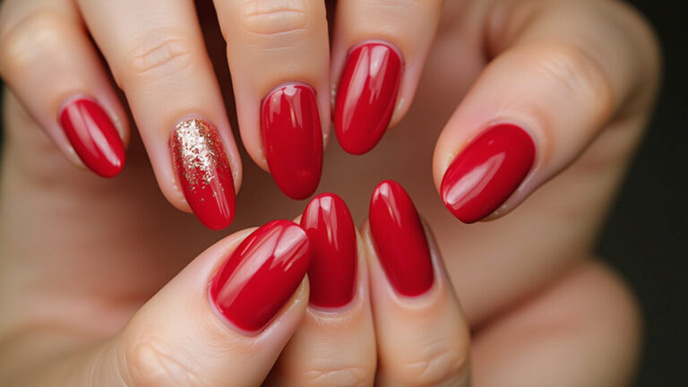 Unhas vermelhas vibrantes no formato amendoado com acabamento brilhante.