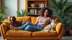 Sala de estar estilosa e pet-friendly com decoração vibrante brasileira e pessoas interagindo com pets.