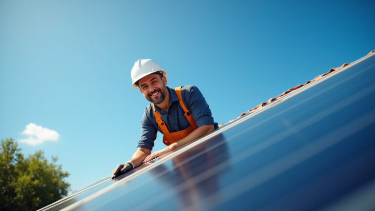 Manutenção de energia solar em Contagem: o que você precisa saber Manutenção de painel solar em Contagem, técnico sorrindo.