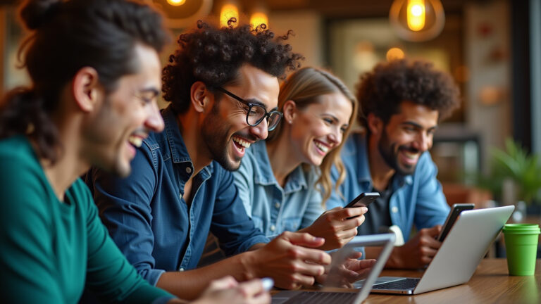 Palpity vs outras plataformas: qual é melhor para palpites esportivos? Fãs de esportes analisando dados em dispositivos móveis em um café brasileiro.
