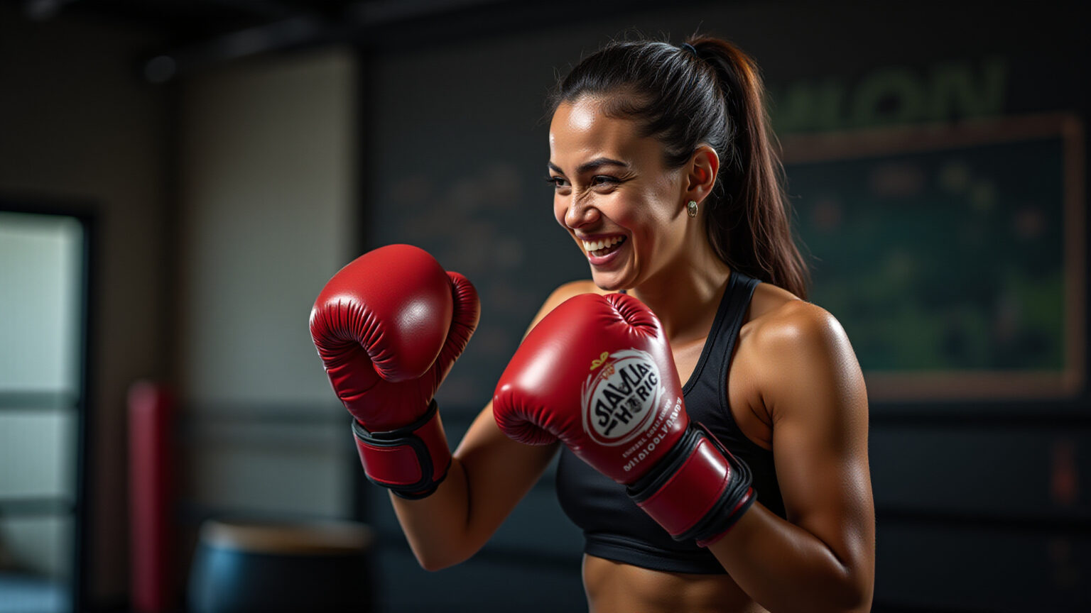 Mulher brasileira treinando boxe/Muay Thai com luvas de alta performance.