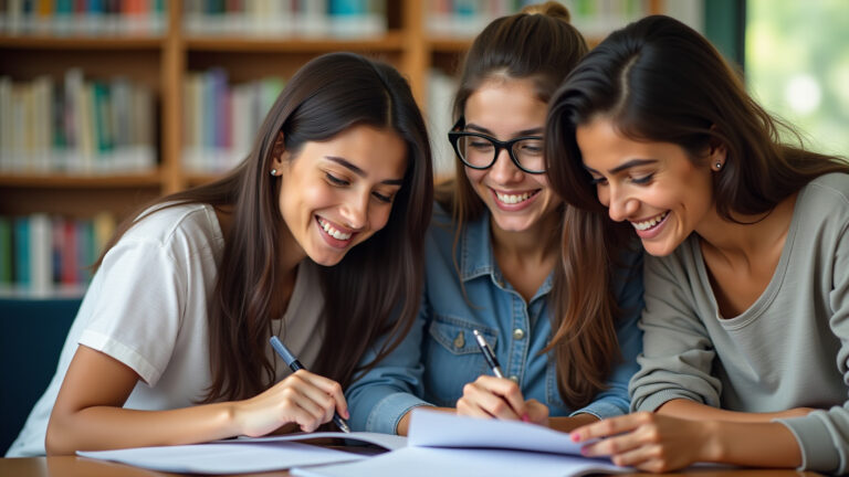 Estudantes brasileiros sorrindo e estudando juntos para concursos.
