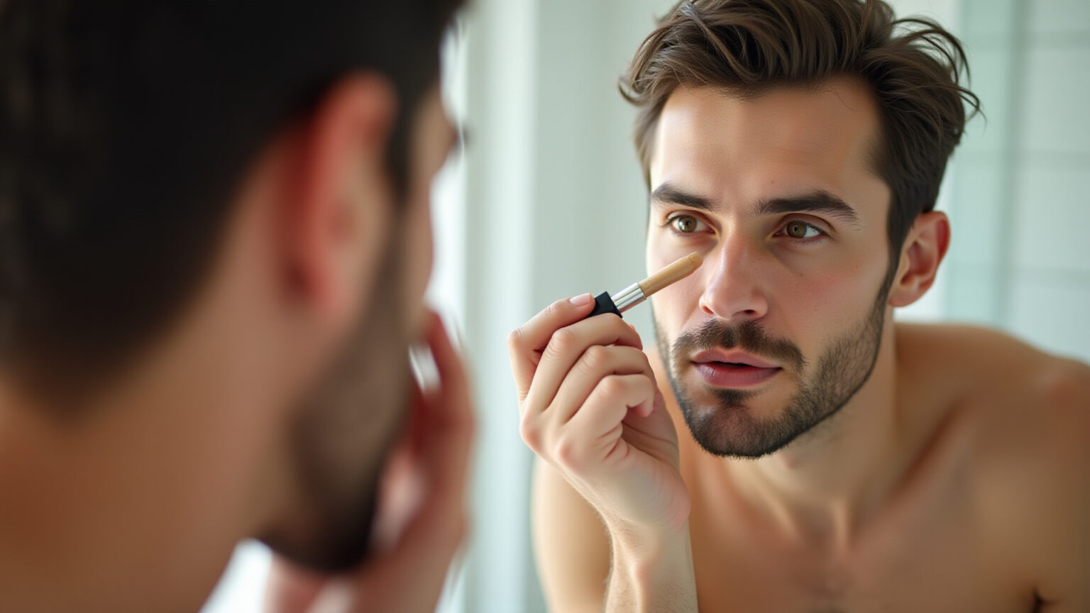 Maquiagem para homens: o truque de 3 minutos que evita pele craquelada Homem aplicando maquiagem para disfarçar olheiras.