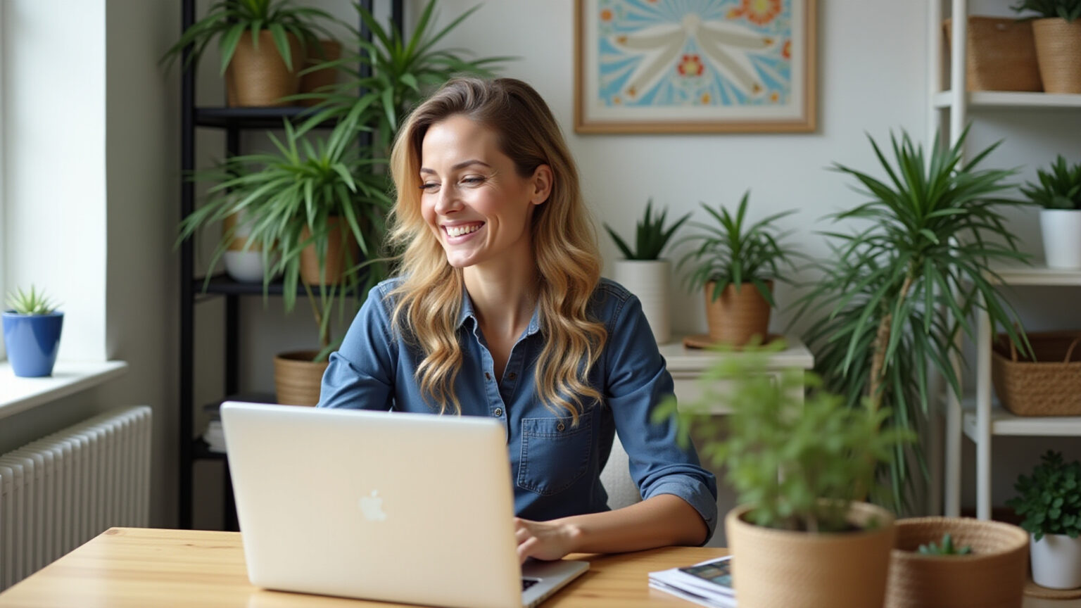 Hábitos simples para deixar a rotina menos pesada Mulher sorrindo trabalhando em escritório doméstico organizado.