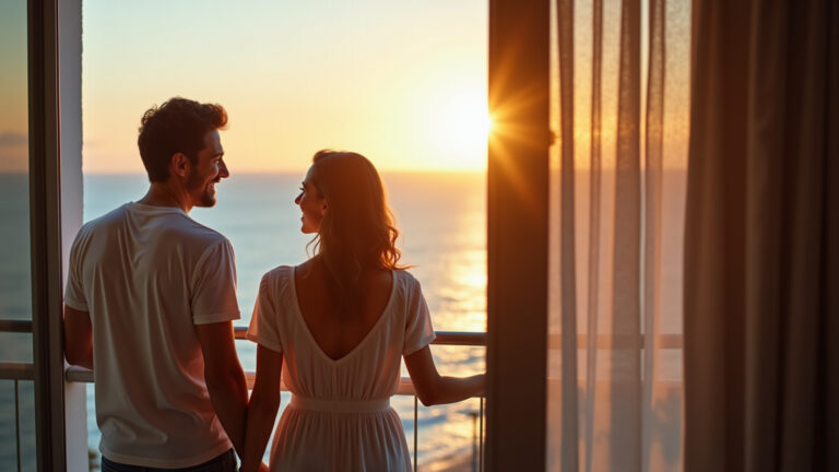 Alugar Apartamento no Leblon : Guia Completo e Preços Casal sorrindo em apartamento de luxo no Leblon com vista para a praia.