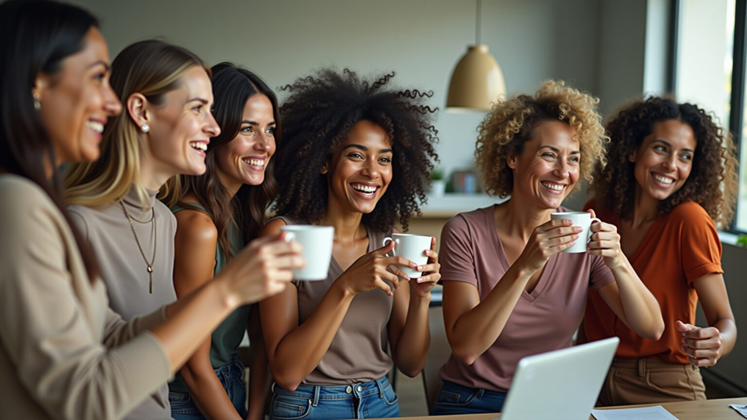 Mulheres brasileiras independentes e confiantes celebrando em um espaço de trabalho moderno.
