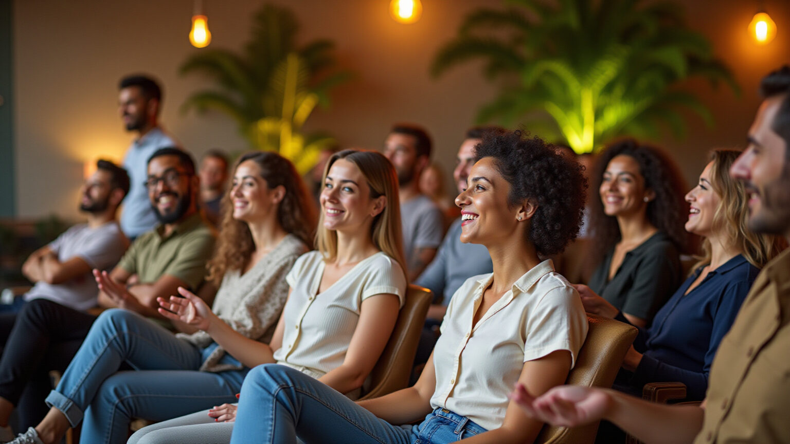 Brasileiros diversos sorrindo e negociando com confiança em uma sala de reuniões.
