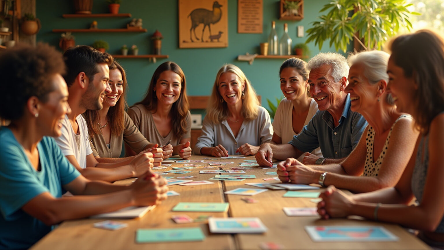 Pessoas sorrindo juntas em torno de ilustrações de animais do jogo do bicho.
