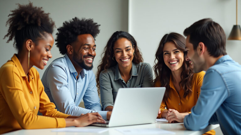 Equipe brasileira colaborando em torno de um dashboard do HubSpot.