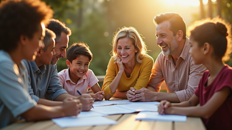 Família brasileira diversa discutindo plano de saúde com sorrisos e tranquilidade.