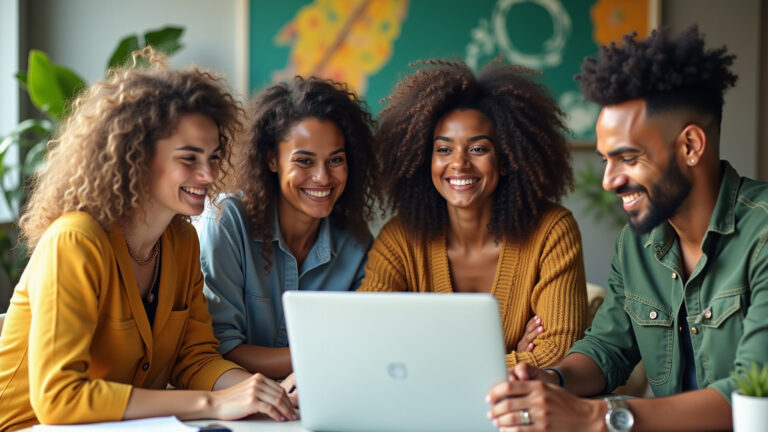 Equipe de e-commerce de moda brasileira analisando métricas de email marketing com sorrisos.