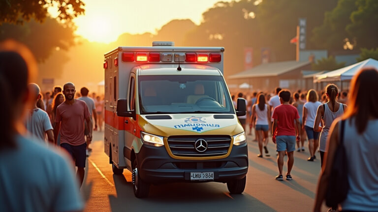 Ambulância particular moderna em evento brasileiro, transmitindo segurança.