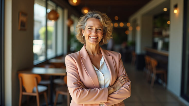 Mulher brasileira confiante em look esporte fino em café urbano.