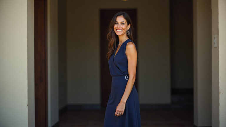 Mulher brasileira elegante em vestido esporte fino azul marinho para evento noturno.