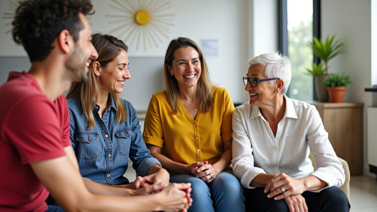 Brasileiros sorrindo e discutindo planos de saúde Hapvida em ambiente moderno.