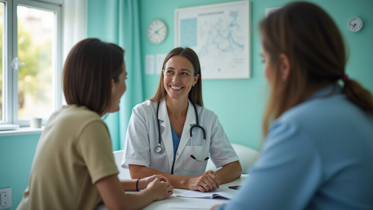 Pessoas brasileiras diversas em clínica médica moderna discutindo plano de saúde.
