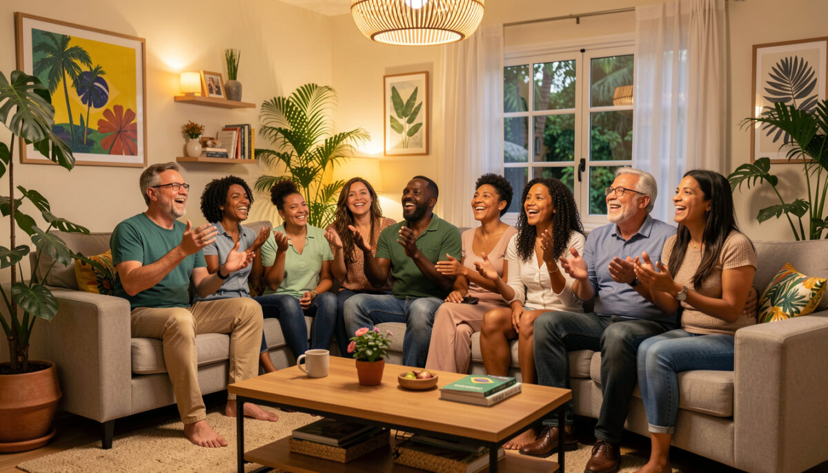 Grupo diverso de adultos assistindo filme em sala aconchegante com decoração brasileira.