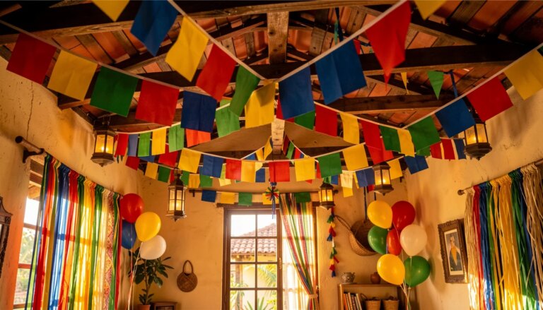 Decoração de festa junina com bandeirinhas coloridas penduradas no teto.
