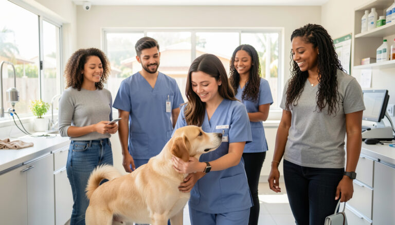Veterinários brasileiros em clínica moderna, cuidando de um cão com dedicação.
