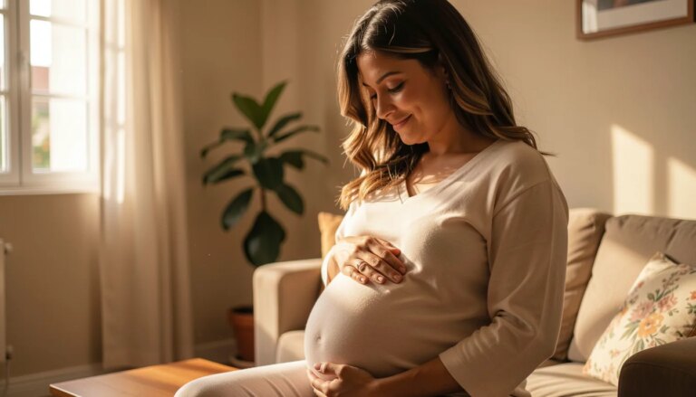 Grávida sorrindo emocionada segurando a barriga em casa