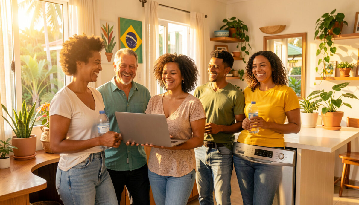 Pessoas brasileiras diversas investindo em qualidade de vida com tecnologia e conveniência.
