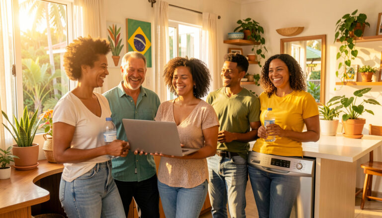 Pessoas brasileiras diversas investindo em qualidade de vida com tecnologia e conveniência.