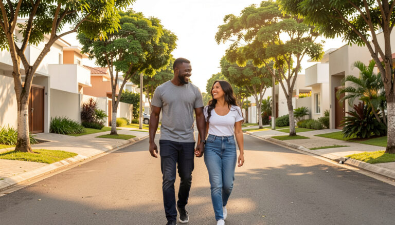 Casal sorrindo em rua arborizada e segura em Indaiatuba.