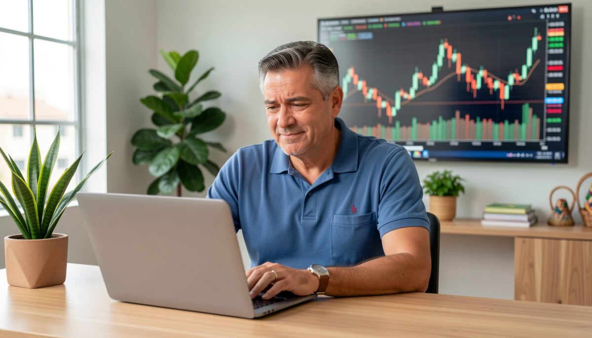 Como Identificar e Evitar Golpes no Mercado de Forex no Brasil Trader brasileiro confiante analisando gráfico de Forex em escritório moderno.