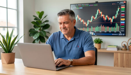 Como Identificar e Evitar Golpes no Mercado de Forex no Brasil Trader brasileiro confiante analisando gráfico de Forex em escritório moderno.