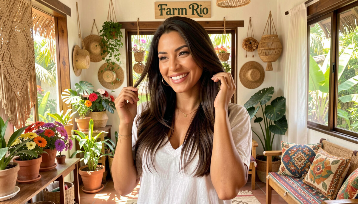 Como Tirar a Eletricidade do Cabelo com Truques Caseiros Simples Mulher brasileira sorrindo com cabelo liso e sem eletricidade estática em casa com decoração vibrante.