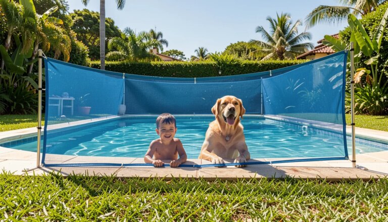 Família feliz ao lado de piscina com rede de proteção azul instalada, garantindo segurança para crianças e animais.