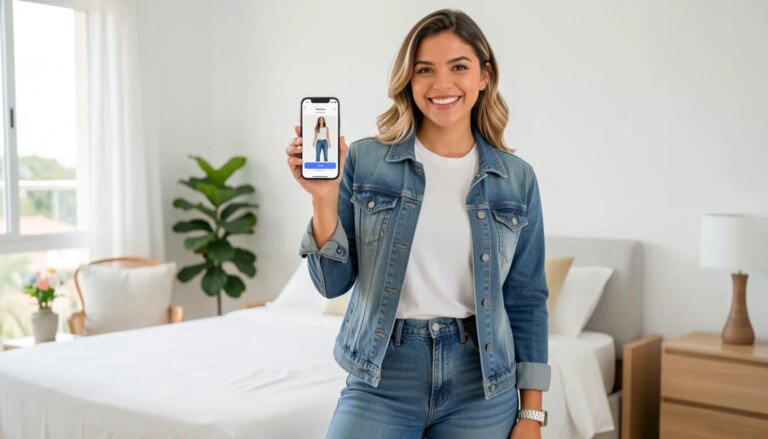 Mulher jovem com look estiloso de roupas baratas, segurando celular com app de IA para combinações.