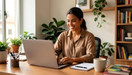 Mulher confiante usando laptop em casa com sorriso natural