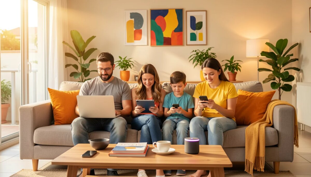 Família brasileira usando dispositivos conectados em sala de estar moderna com internet de alta velocidade.
