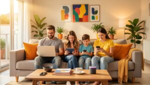 Família brasileira usando dispositivos conectados em sala de estar moderna com internet de alta velocidade.