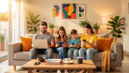 Família brasileira usando dispositivos conectados em sala de estar moderna com internet de alta velocidade.
